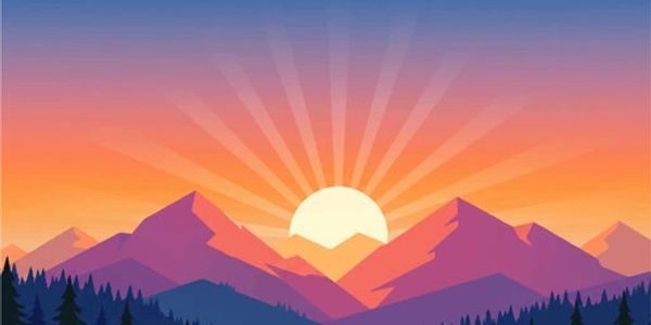 Stylized sunrise over purple mountains with trees in the foreground.