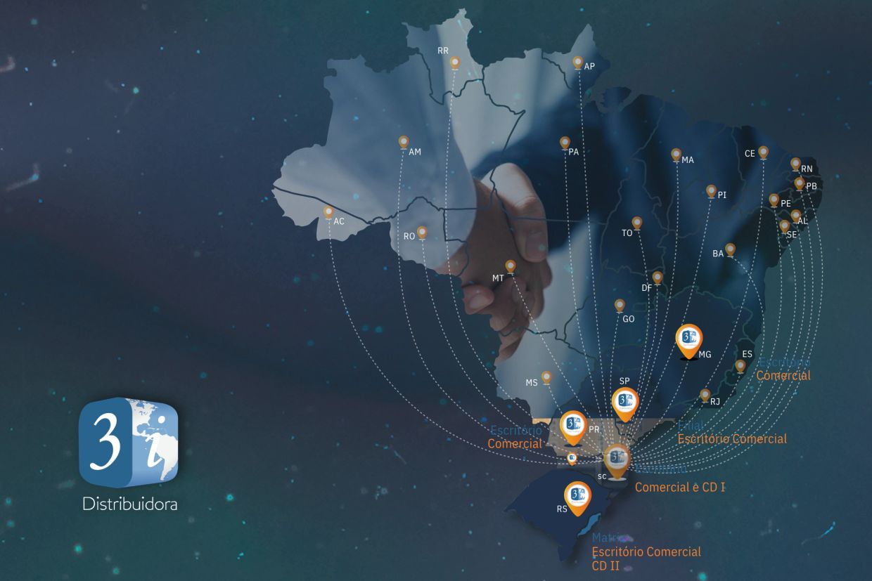 Map of Brazil showing commercial offices and distribution points with a handshake background.