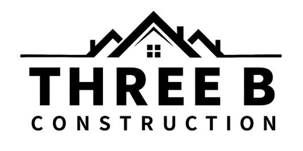 Logo for Three B Construction featuring house roofs and bold text.