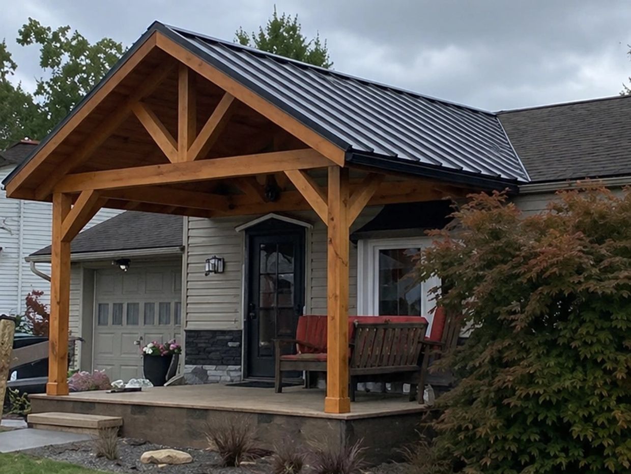 Wooden porch with metal roof and outdoor seating in front of a house.