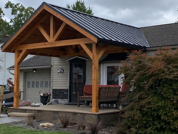 Wooden porch with a metal roof attached to a house's entrance.