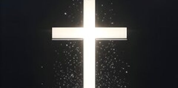 Glowing white cross illuminating darkness with sparkling particles.