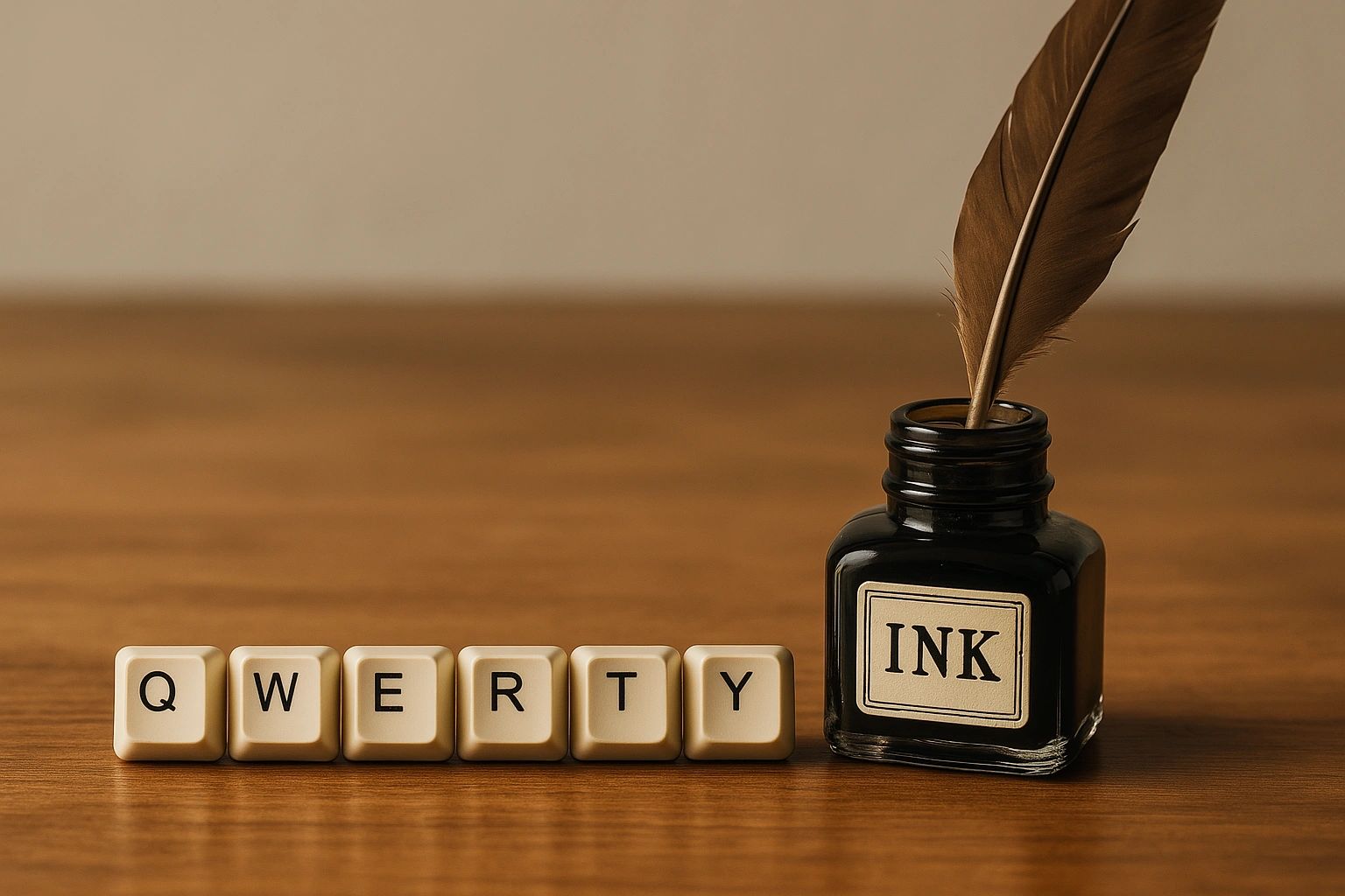 QWERTY keys with ink bottle and quill — symbolizing converting content writing.