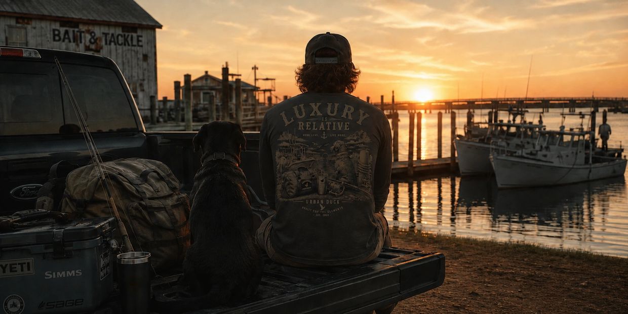 A man and his dog sit on a truck bed watching the sunset by the water.