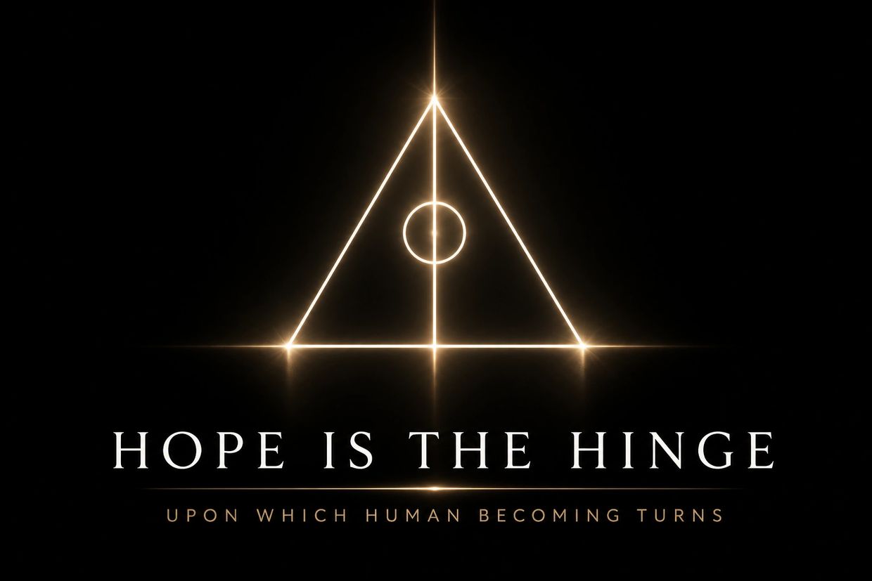 Glowing geometric symbol with the quote 'Hope is the hinge upon which human becoming turns.'