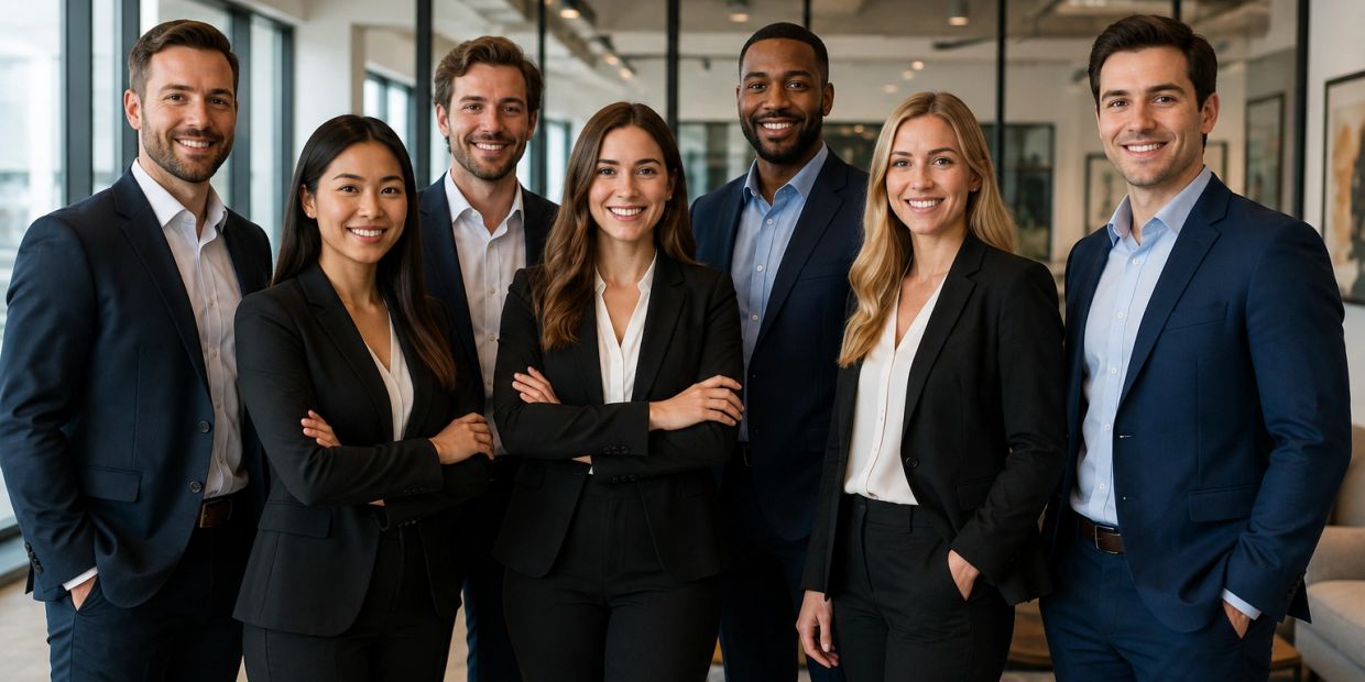 Group of young professionals smiling in business attire.