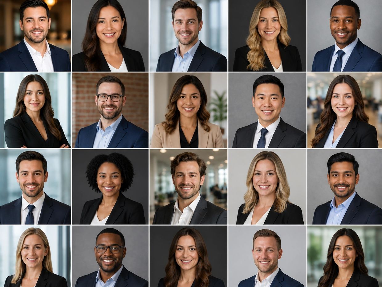 Collage of diverse female and male professionals in business attire.