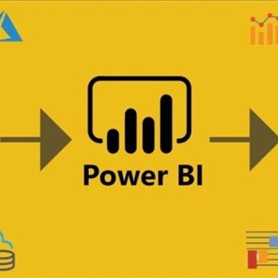 Power BI logo centered on a yellow background with data-related icons.