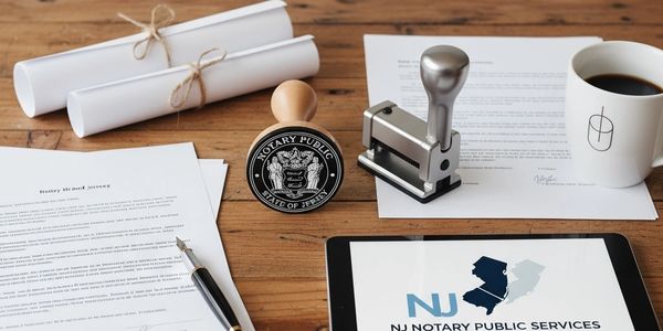 Notary public tools and documents on a wooden table, including stamps and a tablet.