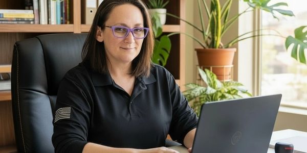 Woman in purple glasses working on a laptop at a desk with plants behind her.
