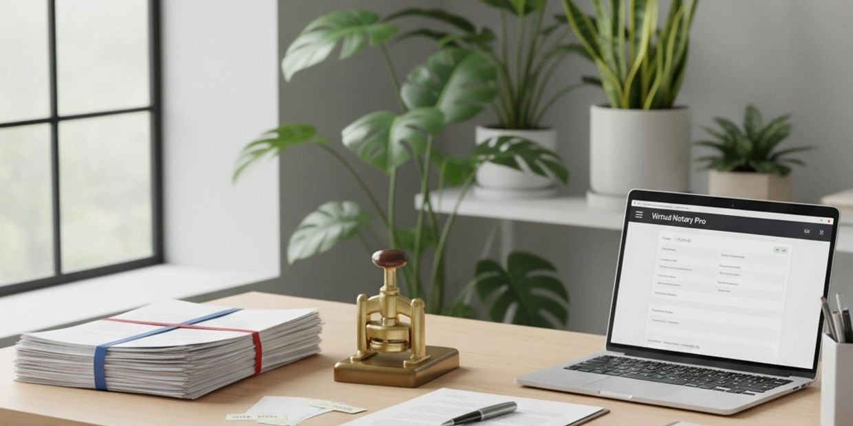 Modern office desk with laptop, paperwork, and notary stamp in a bright room with plants.