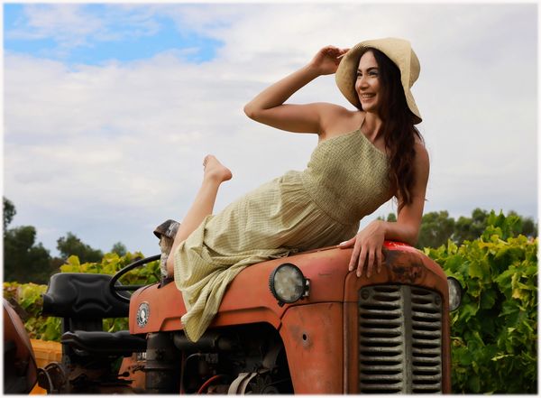 beautiful girl on a tractor in a vineyard