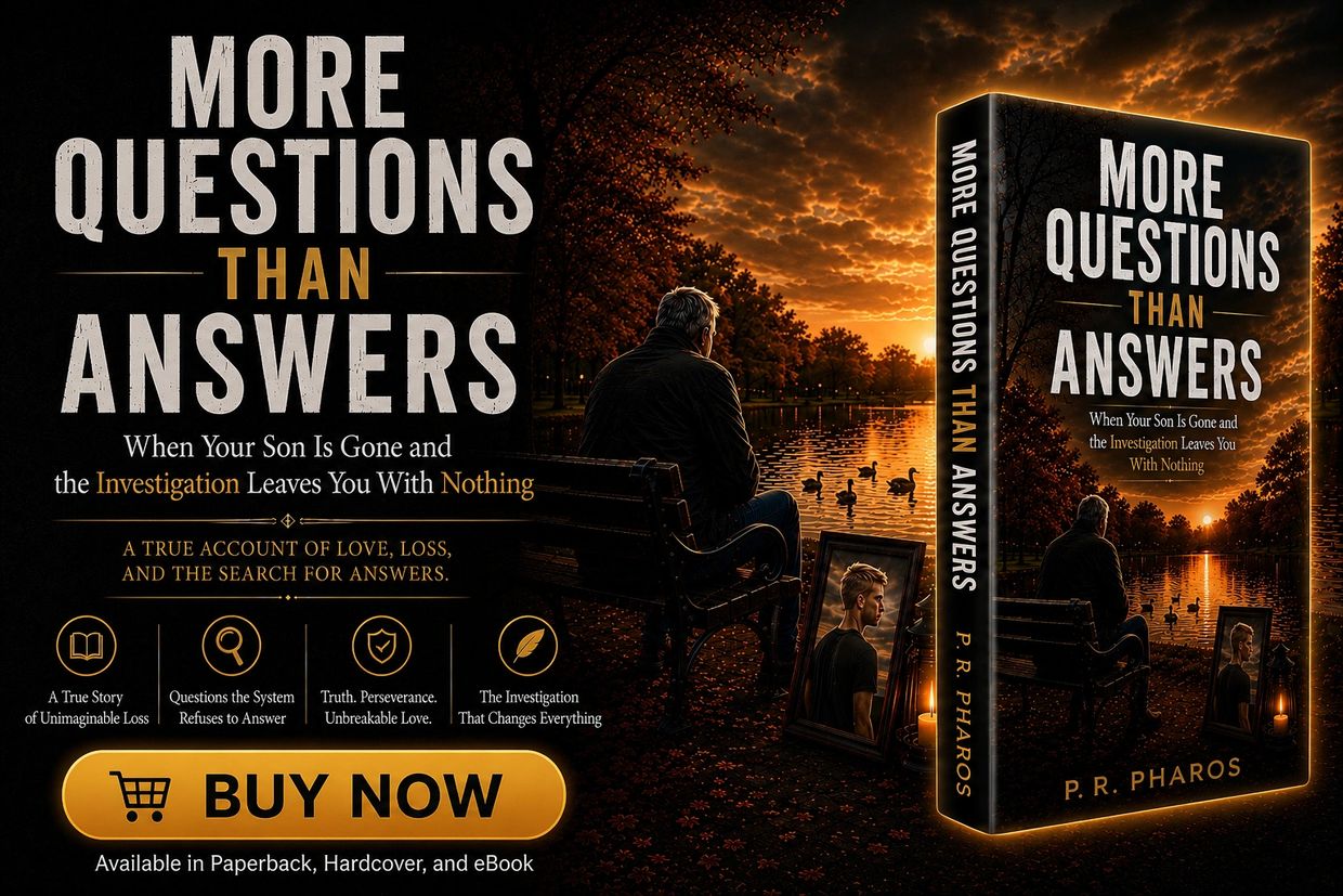 Book cover and ad for "More Questions Than Answers" by P.R. Pharos, about loss and investigation.