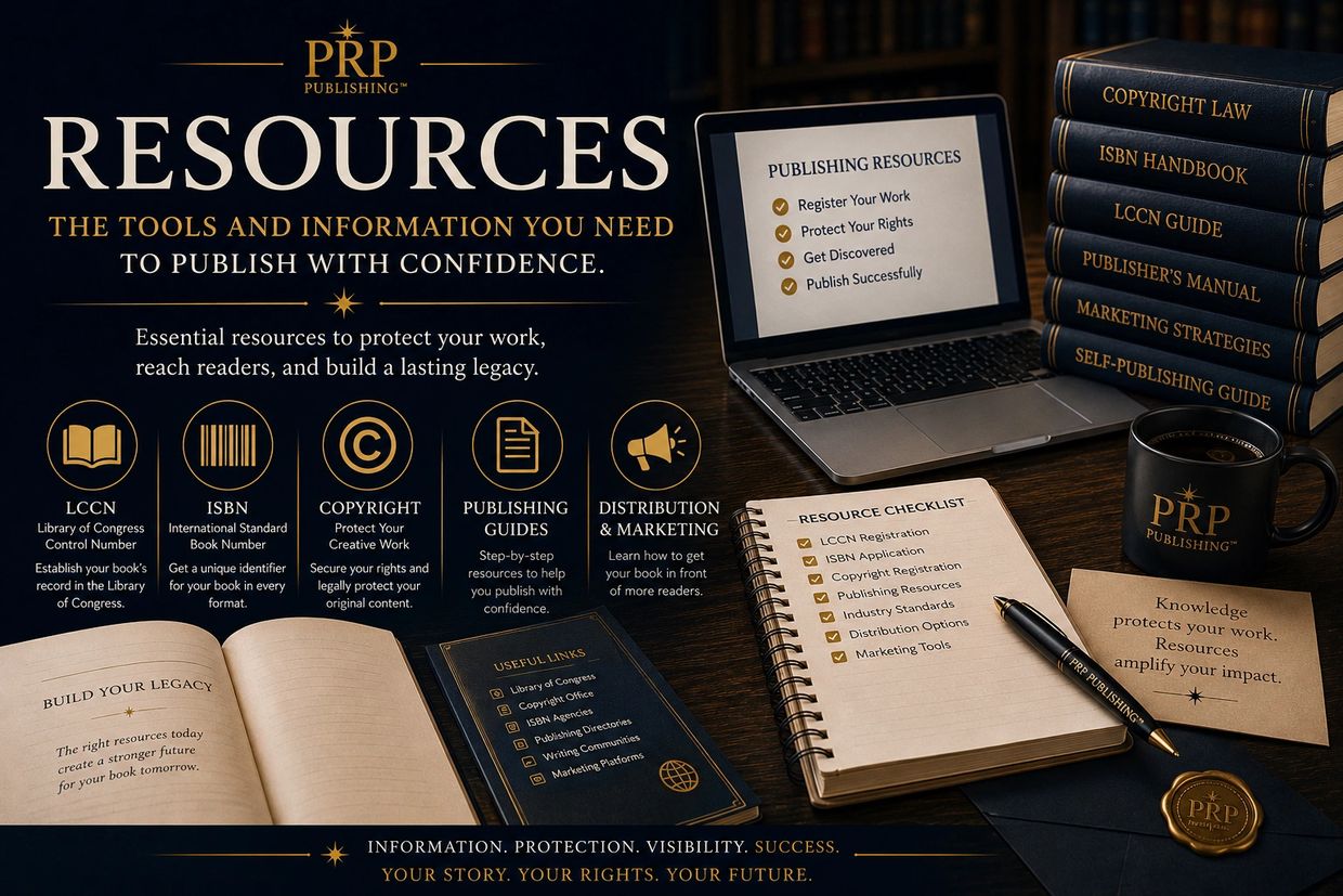 PRP Publishing resources guide with tools for copyright, ISBN, marketing, and publishing.
