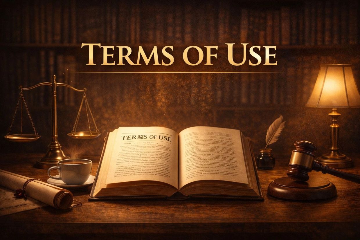 Terms of Use page banner featuring legal books, scales of justice, and publishing law imagery.