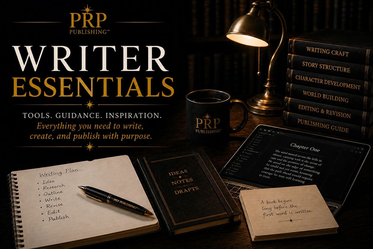 Writer essentials setup with books, notebook, and tablet for guidance and inspiration.