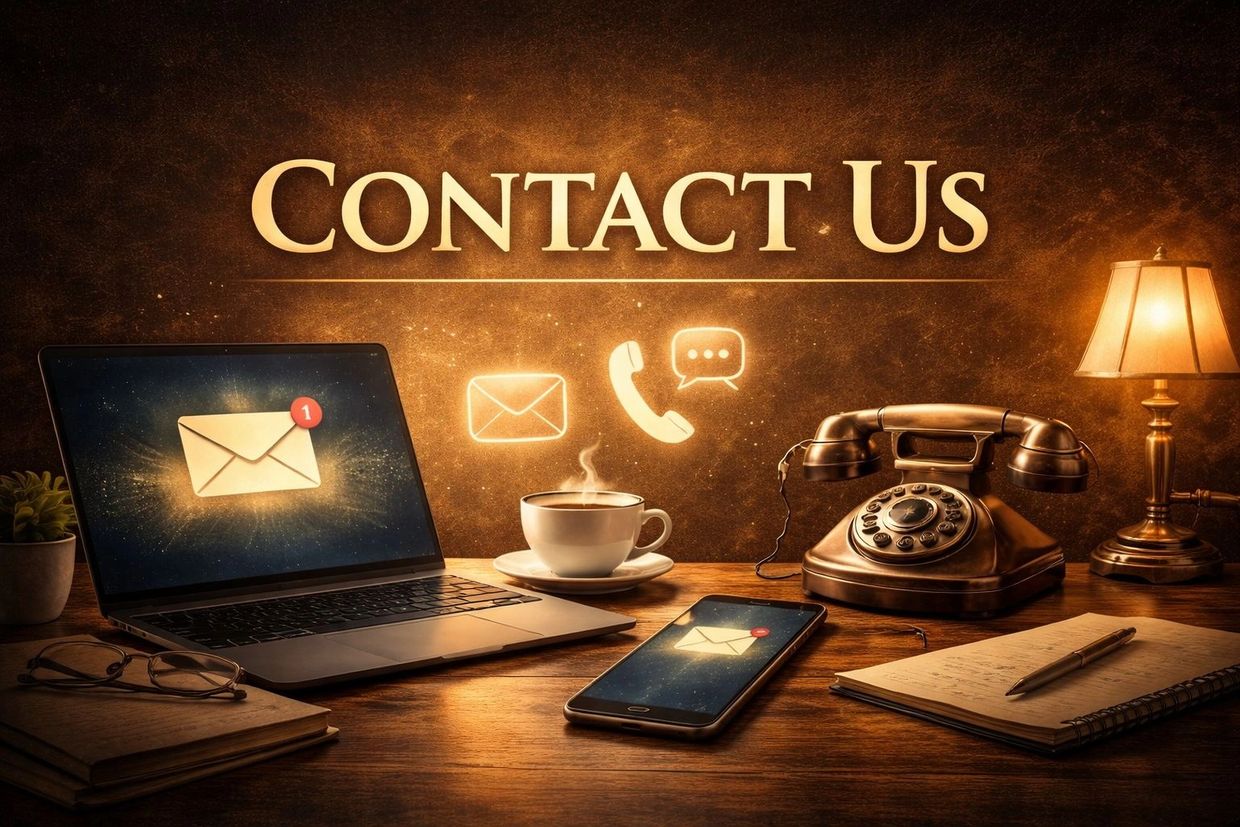 Contact Us page banner showing communication icon, email, phone, and publishing website support desk
