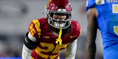 Football player in USC uniform during a game.