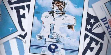 Football player trading card with blue sky background.