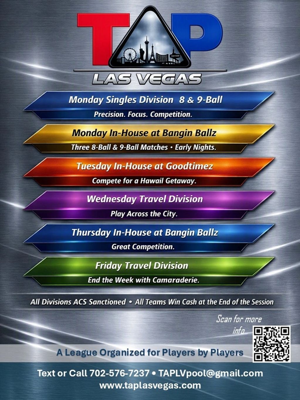 TAP Las Vegas weekly pool league schedule with divisions and contact info.