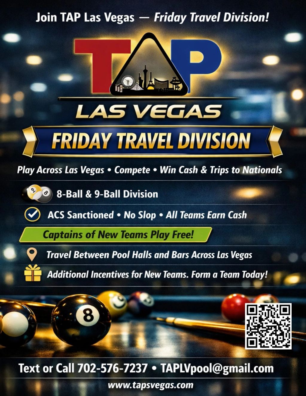 TAP Las Vegas Friday Travel Division pool league ad with contact info.