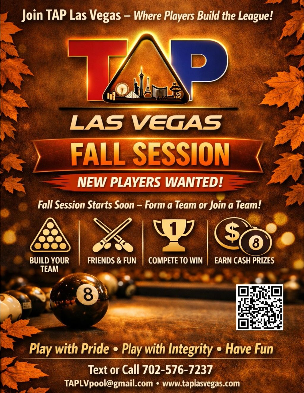 TAP Las Vegas Fall Session pool league recruiting new players.