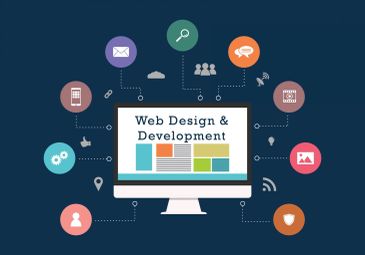 Illustration of web design and development with connected icons representing various digital tools.