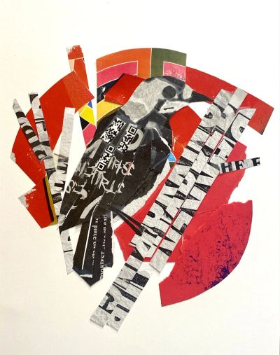 Collage artwork of a bird with vibrant red and black elements.