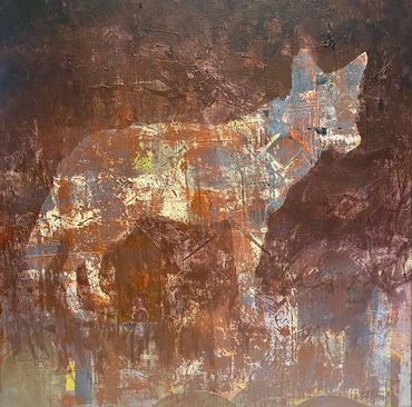 Red Wolf
acrylic, collage and mixed media on canvas. 18x18", Endangered Series 2026