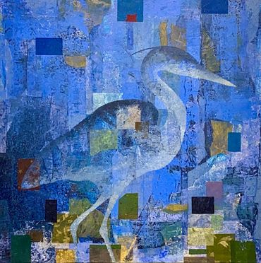 Heron
acrylic, collage and mixed media on canvas. 36x36”, Endangered Series 2026