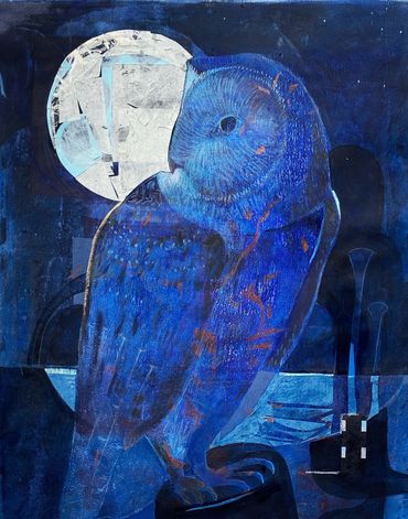 Blue Owl Moon, mixed media on monoprint, 16x20", 2023