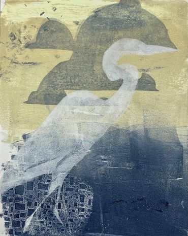 Abstract art of a white bird against geometric and silhouette shapes.