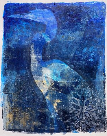 Abstract blue heron painting with floral designs.