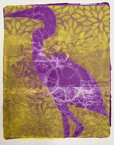 Purple heron silhouette on a yellow floral background.