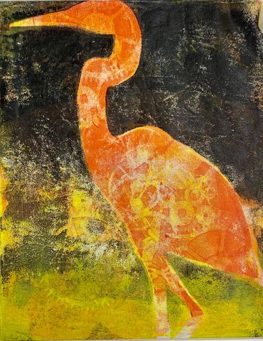 Orange bird silhouette against dark and yellow background.