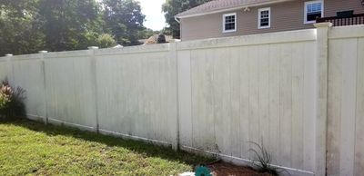 white vinyl fence riddled with mildew