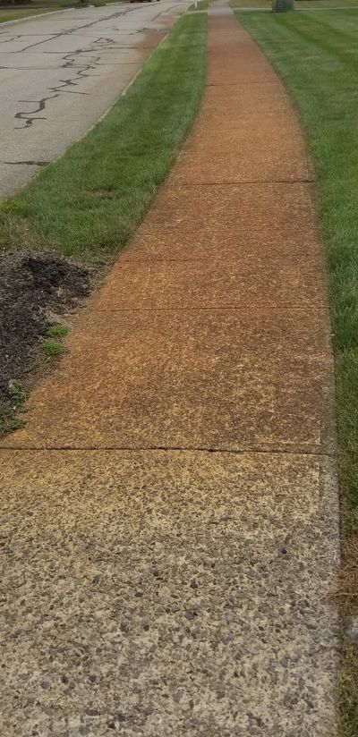 concrete sidewalk with rust from irrigation system