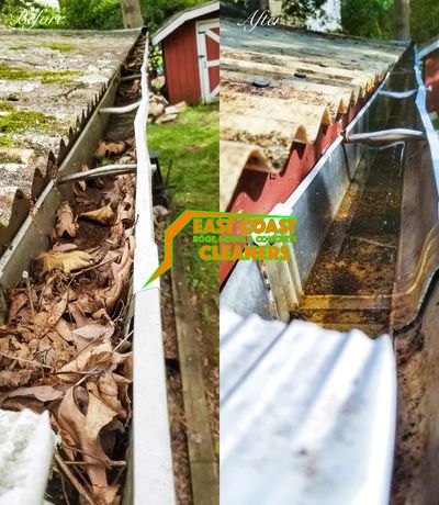 side by side comparison of leaves clogged gutter vs clean gutter
