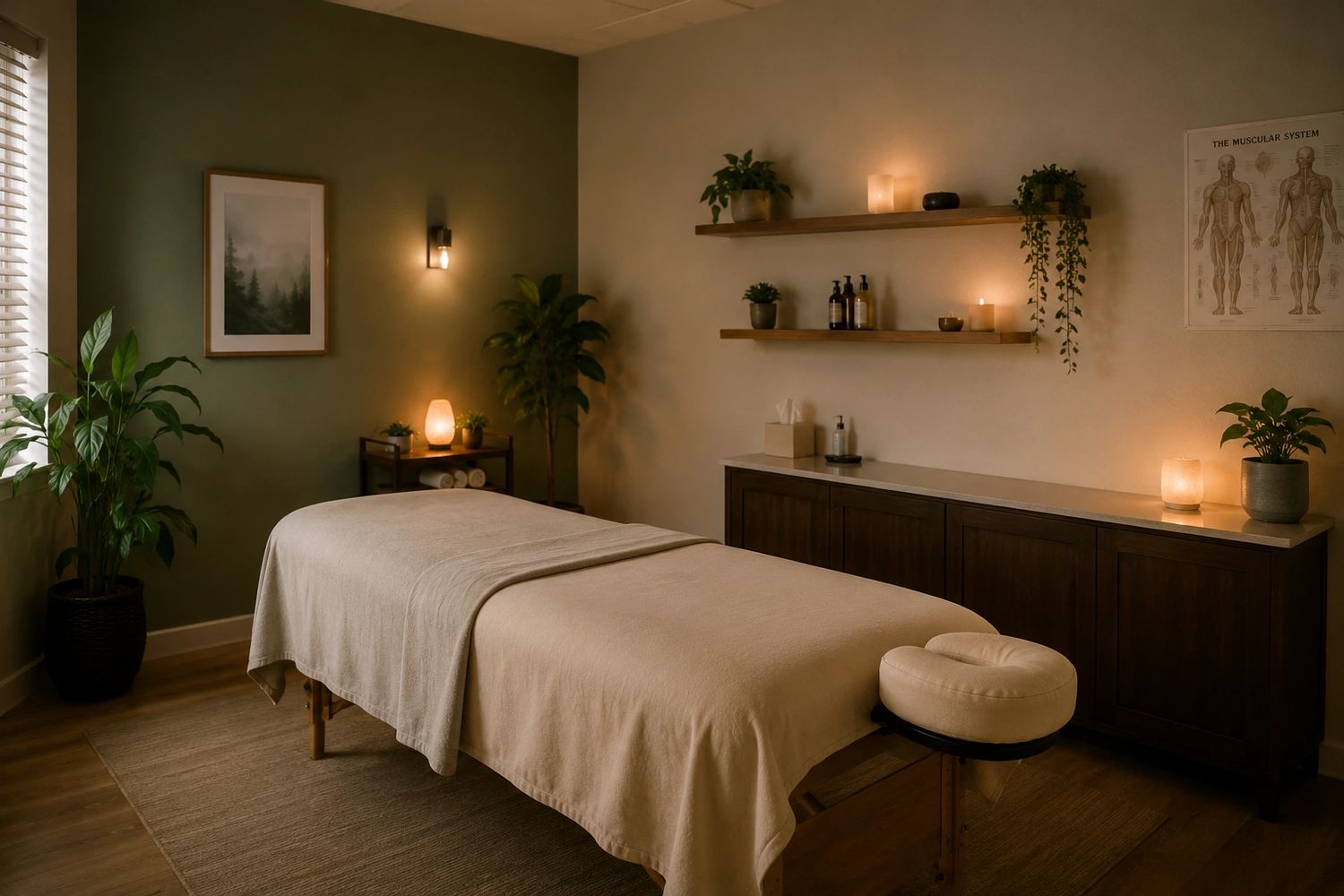 Cozy massage room with soft lighting and natural decor.