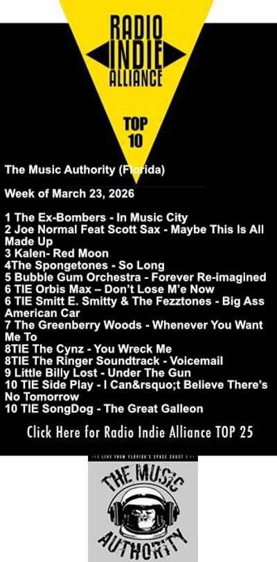 Radio Indie Alliance Top 10 chart for the week of March 23, 2026, featuring indie music hits from Florida.