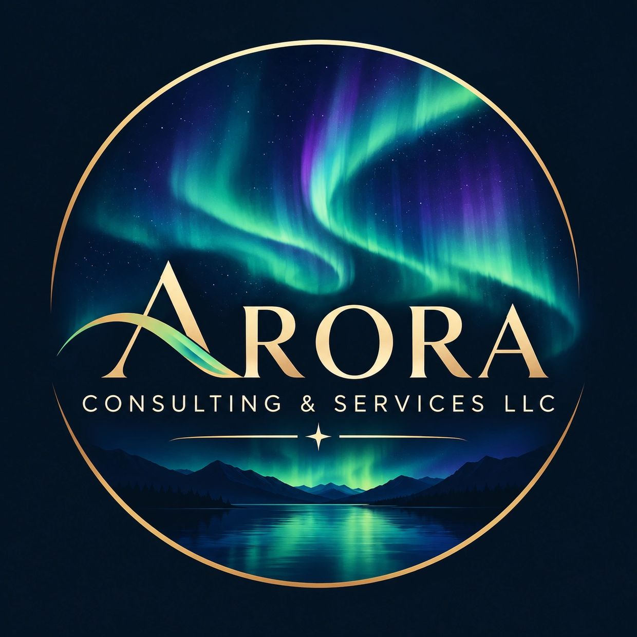 Logo for Arora Consulting &amp; Services LLC with aurora background.