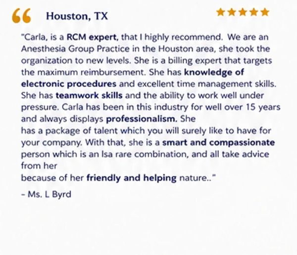 5-star positive review for Carla's professional skills and expertise.