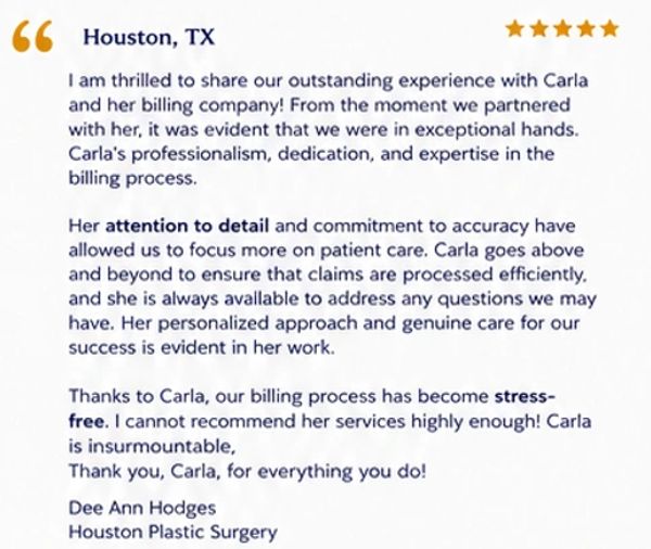 Positive review praising Carla's billing service and professionalism.