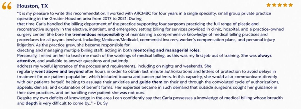 Detailed recommendation praising Carla's expertise in medical billing and management.
