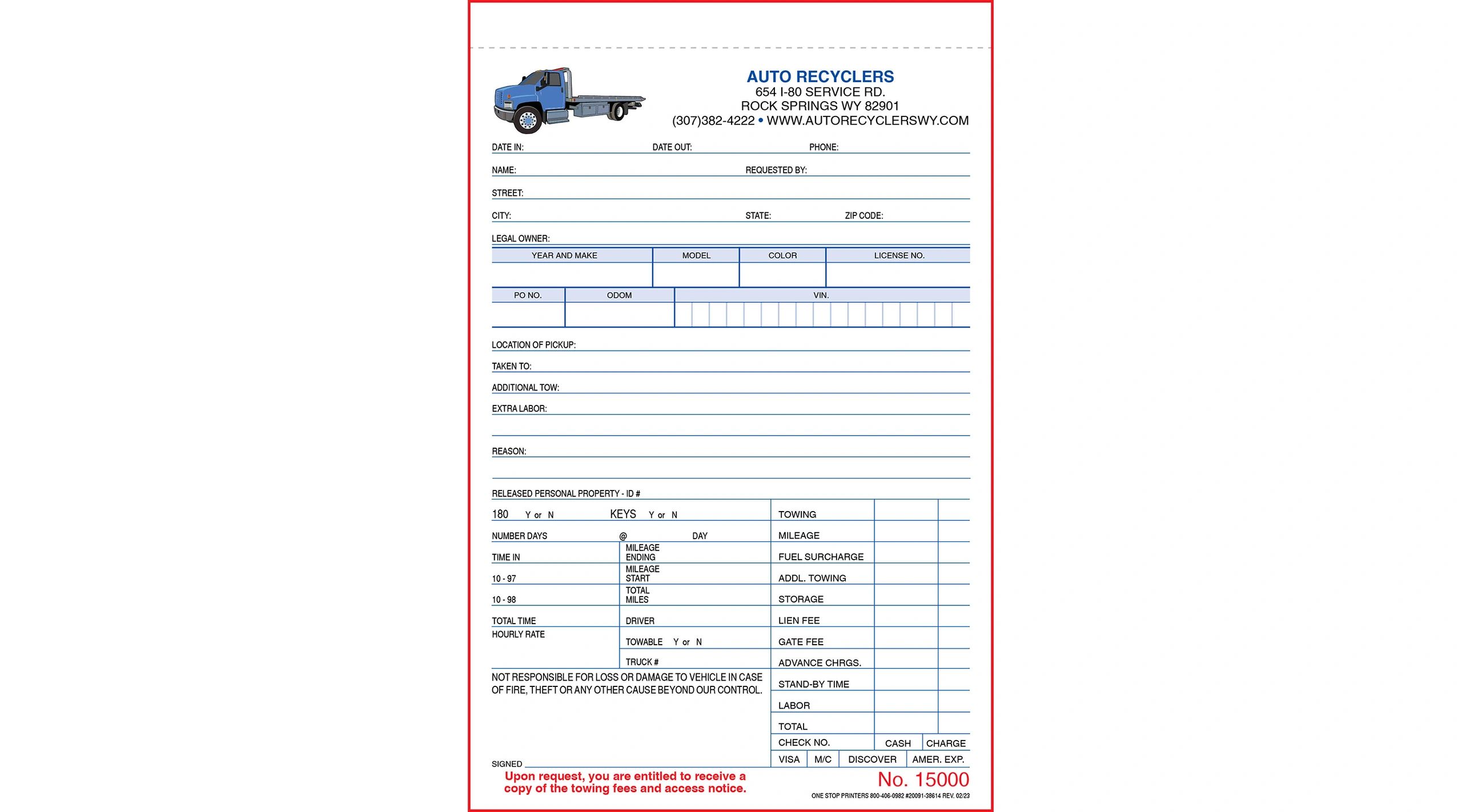 Towing Report, Towing Invoice, and Towing Receipt Book