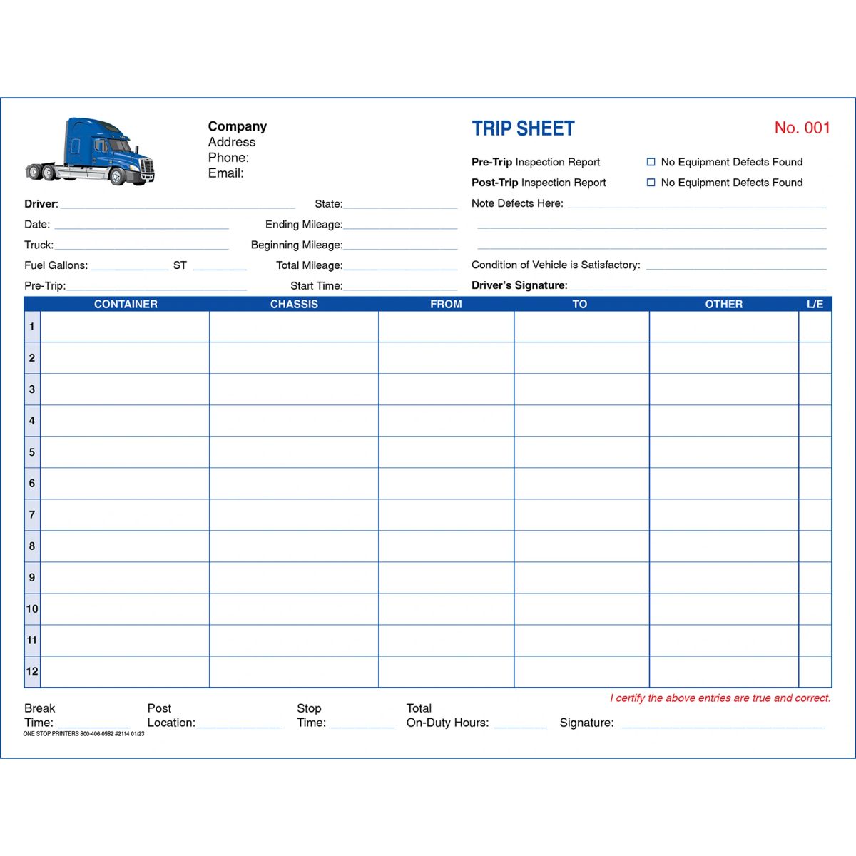 Container Trip Sheet and Manifest #2114