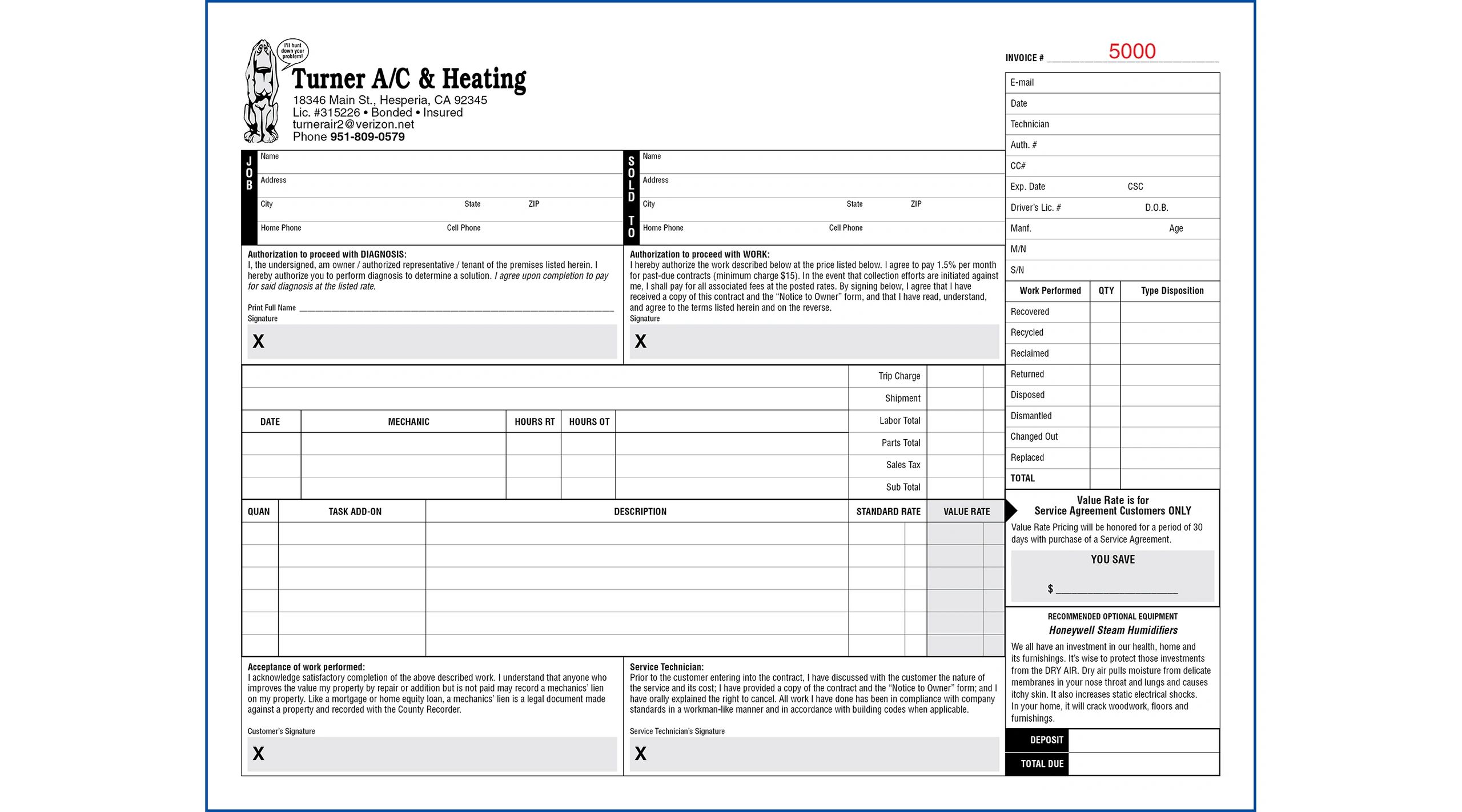 Heating and Air Conditioning Invoice