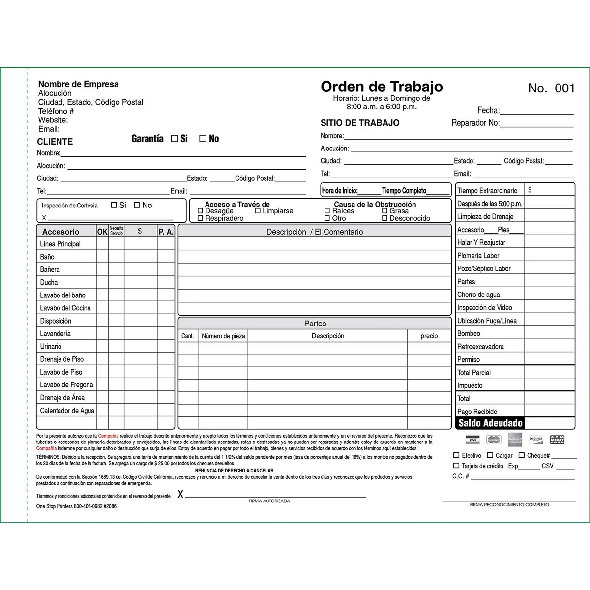 Spanish Plumbing Invoice and Work Order 2086