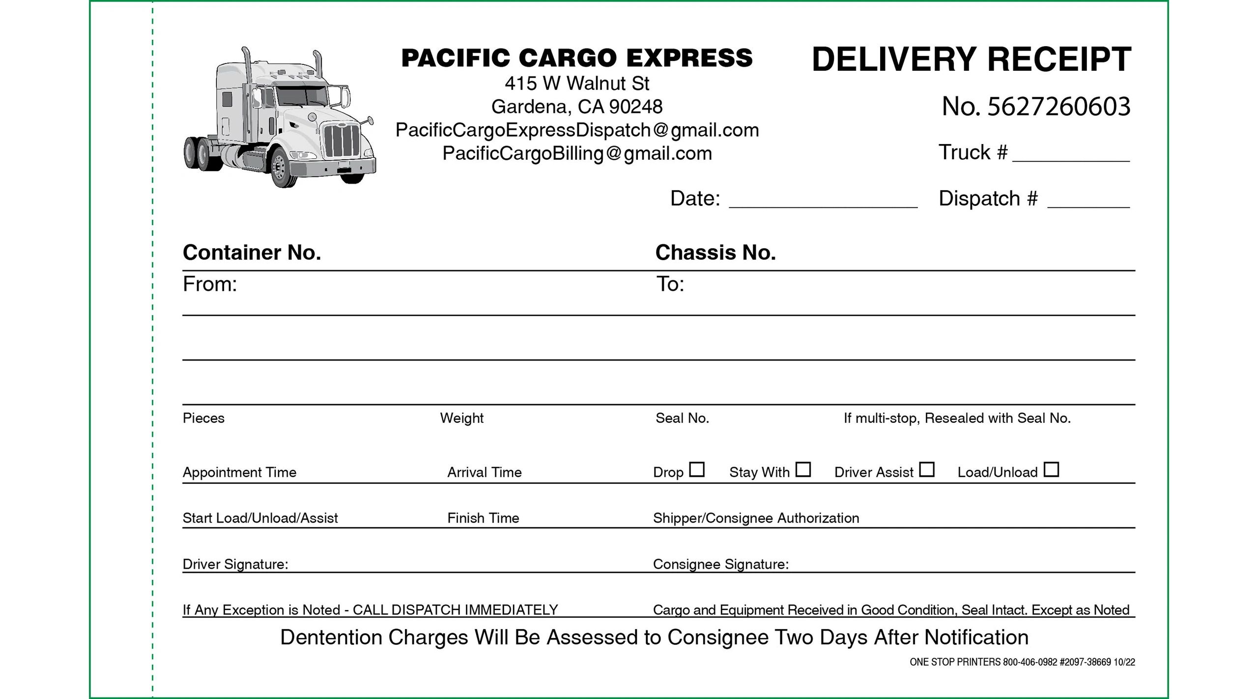 Proof of Delivery Container Delivery Receipt