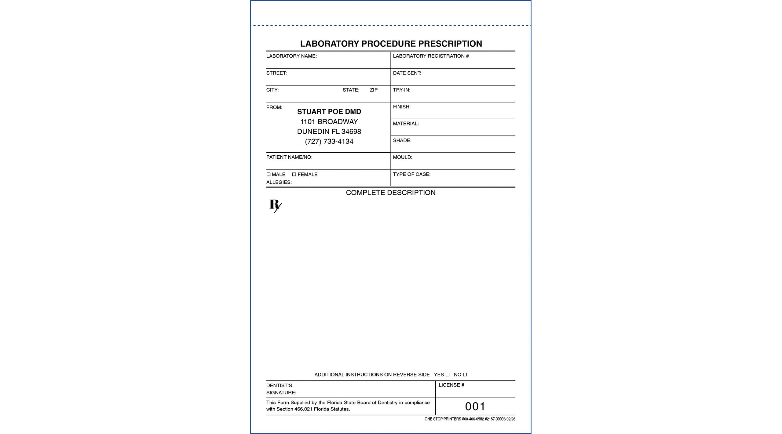 Florida Dental Lab Slip